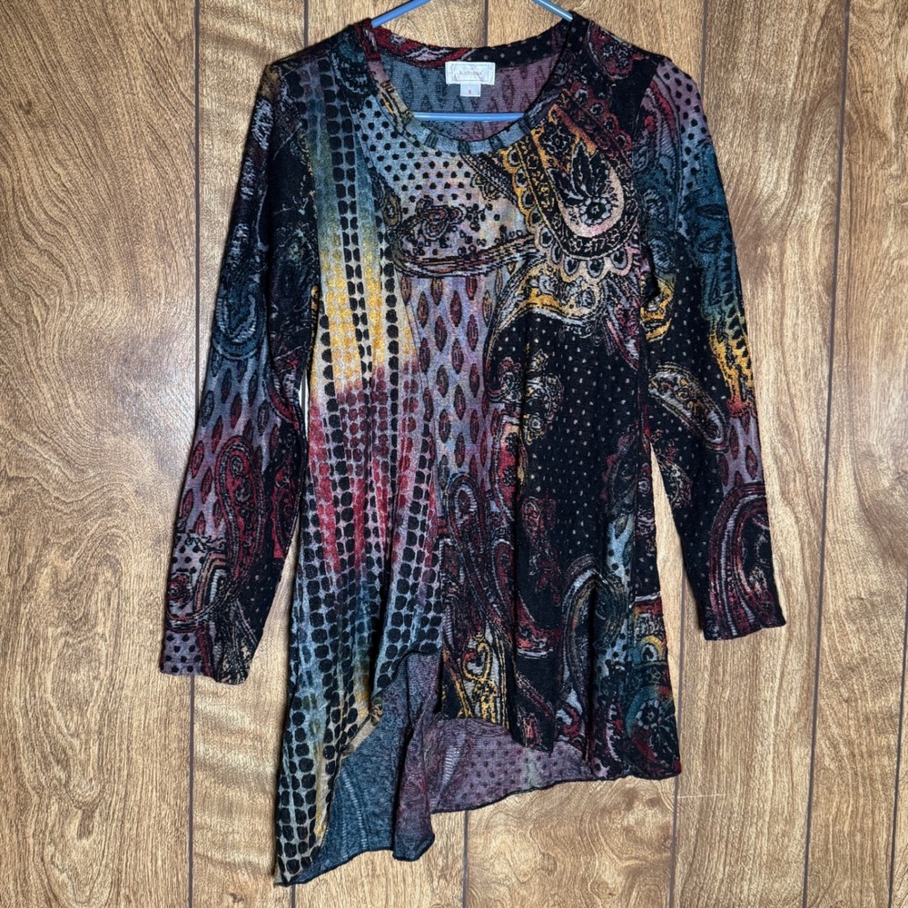 Kamana Women Small Paisley Print Asymmetrical Hem Long Sleeve Tunic Top Multi